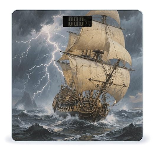 Ancient Sailing Ship in Storm Bathroom Scale for Body Weight Bathroom Digital Electronic Weighing Scale with Back Lit LED Display Sturdy Tempered Glass Weight Watchers Scales 400lb