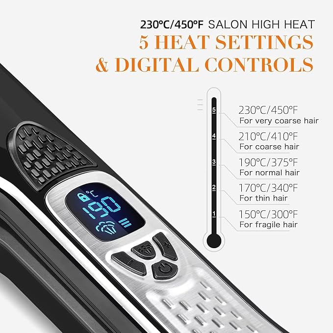 SteamPlus Professional Steam Hair Straightener with LCD Display White and Black 6 Steam Vents Detachable Guide Comb Temperature Control Ceramic Plates (Black)