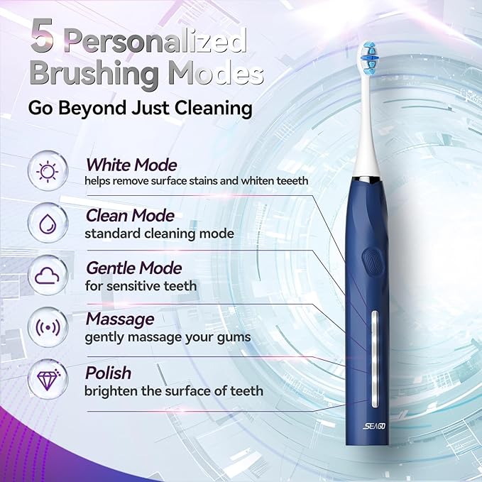 SEAGO Electric Toothbrush with 8 Soft Bristle Heads for Adults Pressure Sensor 5 Modes with 2 Minutes Build in Smart Timer Rechargeable Travel Toothbrush with Brush Hold and Travel Case(2752Blue)