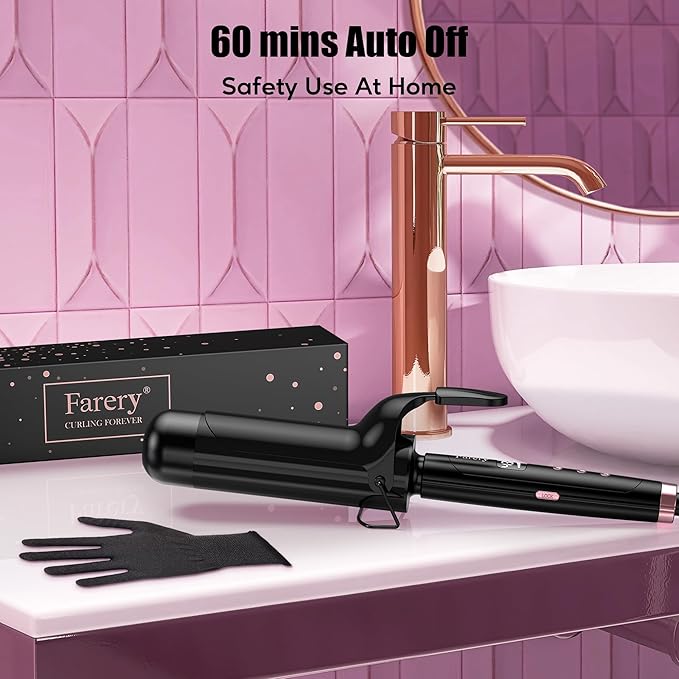 Farery 2 inch Curling Iron For Long Hair Lightweight Large Barrel Curling Iron 2 Inch Ceramic Curling Wand Infused Argan Oil &amp Keratin for Bouncy Big Curls 9 Temps Digital Display &amp Lock Ke
