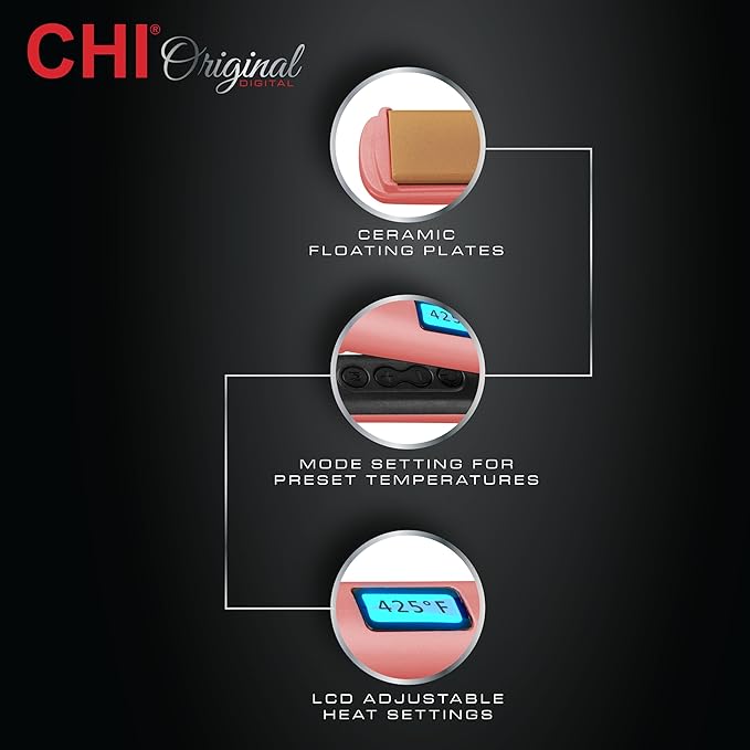 CHI Original Flat Iron Hair Straightener Ceramic Floating Plates for Smooth Finish Quick Heat Up Styling Tool On/Off Switch 1.25 Prosecco Please