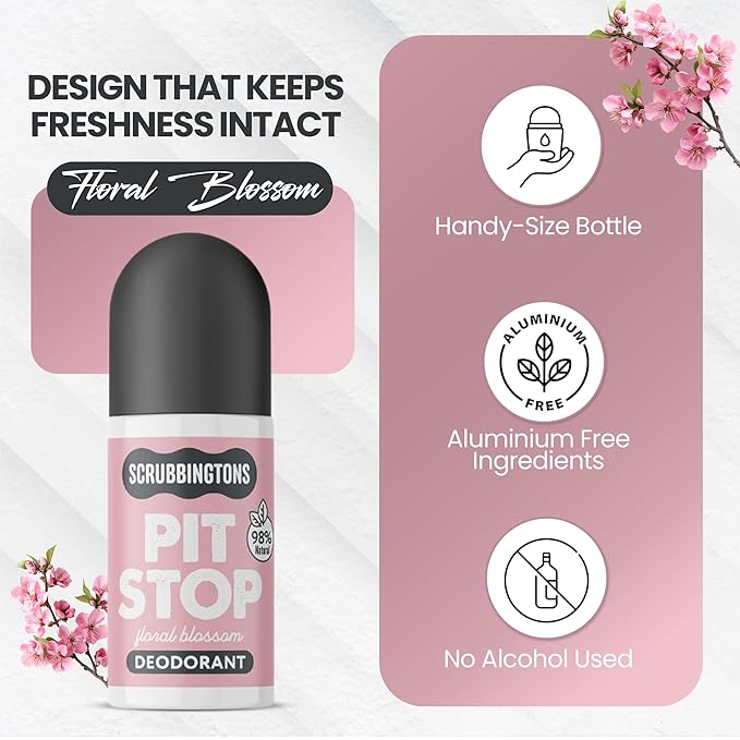 Scrubbingtons Pit Stop 98% Natural Deodorant For Women Roll on For Sensitive Skin Made in UK. Paediatrician approved Aluminium &amp Alcohol Free Vegan &amp Cruelty Free Floral Blossom 75ml x 4