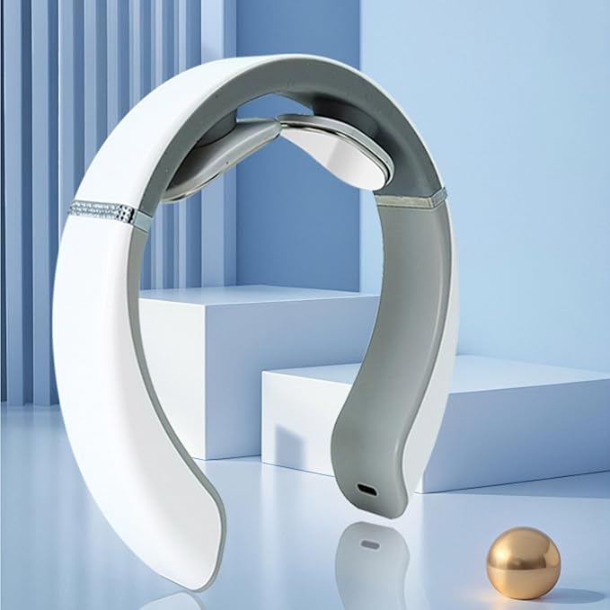 Electric Neck Massager Battery-Powered Portable Massage Tool for Neck Muscle Relaxation Personal Massager for Women and Men Lightweight Gray and White