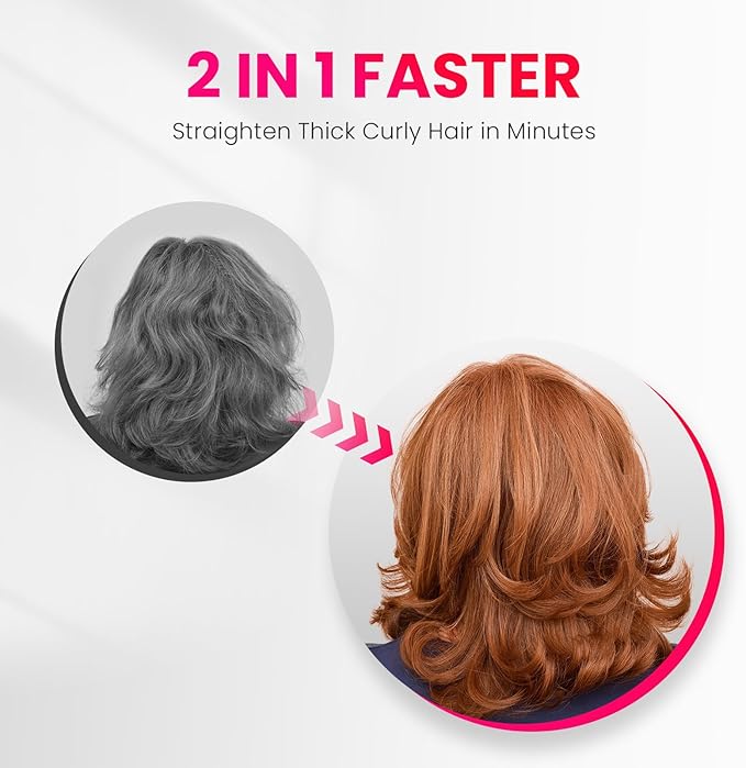 Hair Brush: 1 Inch Brush for Curly Hair with Anti-Scald Bristles Straightening Comb with Negative Iron for Women - 3 Temp Settings &amp LED Display (Pink)