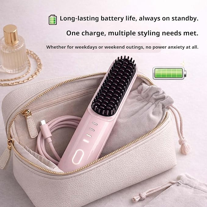 2026 New Cordless Styling Brush for Short Hair Styling ToolsHeated Brush for Short HairPortable Travel StraightenerUSB Rechargeable4 Temps Fast Heating CeramicSmooth Frizz Styling Tool (Black)