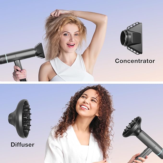 Ionic Hair Dryer with Diffuser and Concentrator Professional Lightweight Quiet Blow Dryer Powerful 1600 Watt Motor for Fast Drying and Straight &amp Wavy Hair 3 Temps/2 Speeds 6.56 Ft Cord Grey