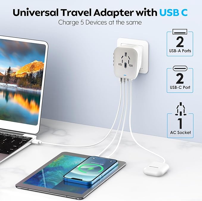 JMFONE Mini Cordless Hair StraightenerPortable Travel Size Flat Iron with International Travel Adapter International Power Plug Adapter with 2 USB-C &amp 2 USB-A