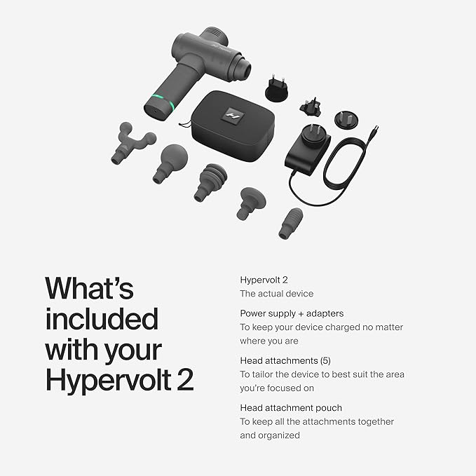 Hyperice Hypervolt 2 Grey - Featuring Quiet Glide Technology - Handheld Percussion Massage Gun | 3 Speeds 5 Interchangeable Heads | Helps Relieve Sore Muscles and Stiffness