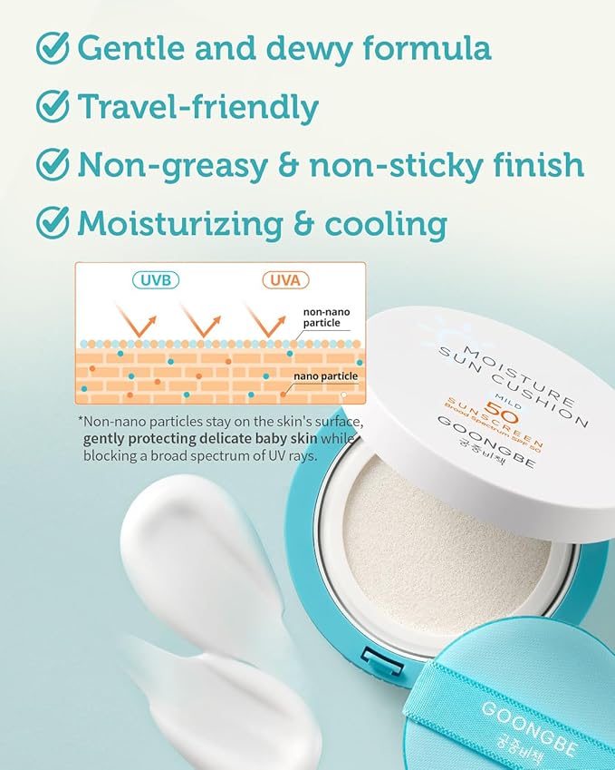 GOONGBE Moisture Sun Cushion Mild SPF 50 - Korean Moisturizing &amp Soothing Zinc Oxide Mineral Sunscreen - Travel Friendly Sun Cushion for Babies &amp Kids - Vegan Reef-Safe Allergen-Free 0.81oz