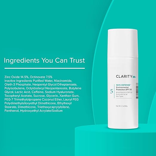 ClarityRx Skin Defense Broad-Spectrum SPF 50 Natural Plant-Based Moisturizing Face &amp Body Sunscreen With Zinc &amp Hyaluronic Acid (2 Oz)