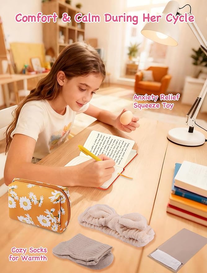 First Period Gift Kit for Girls 9-12 | Complete Tween Period Set with Daisy Yellow Bag Leak-Proof Panties Teen Pads Wipes Diary Nail Stickers &amp More – Perfect for School &amp Travel (M)