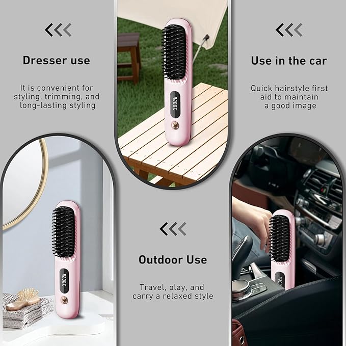 Portable Cordless Hair Straightener Brush for TravelMini Hair Straightener Comb with Negative IonMini BrushRechargeable 3 Temp-SettingPink