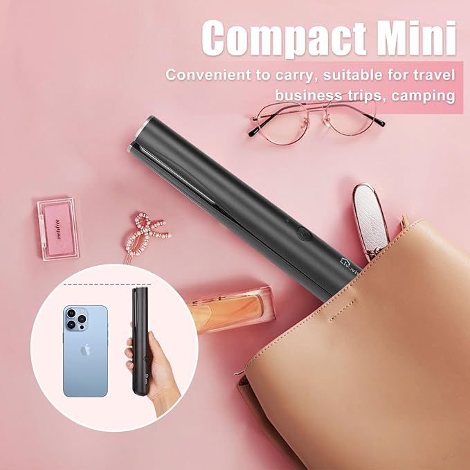 Mini Portable Cordless Hair StraightenerUSB RechargeableRapid Heating can Work continuously for 40 MinutesWireless Curling Iron for Travel (Black)