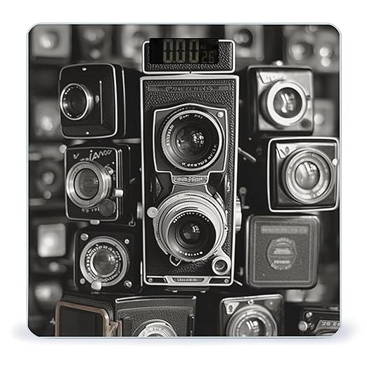 Vintage Camera Scale for Body Weight Anti-Slip Tempered Glass Digital Bathroom Scales Clear LCD Display Weighing Scale Safe Rounded Corners Smart Scales
