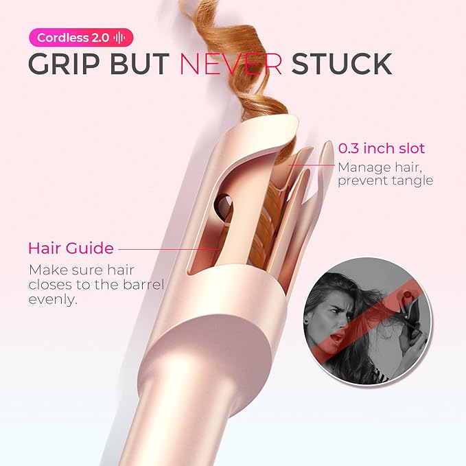 TYMO Cordless Automatic Curling Iron - TYMO CurlGo 1 Inch Beach Waves Rotating Curling Wand Portable Hair Curlers for Travel Dual Voltage &amp Rechargeable Curler for Women Tangle-Free Gold Blush