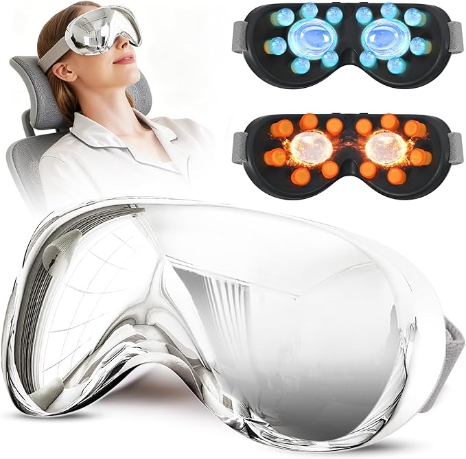 Eye Massager with Heat and Cooling for Migraines – 14 Massage Nodes for Eye Strain Relief Rechargeable Bluetooth Music Improve SleepEye Strain Relief Birthday Gifts for Women and Men(sliver)