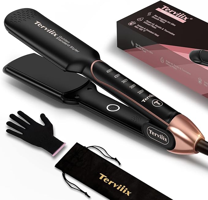 Flat Iron Hair Straightener by Terviiix - Ceramic &amp Tourmaline for Smooth One-Swipe Results Salon-Grade Wide 1-3/4 Inch Straightening Iron Gently Straightens Thick Curly Black &amp Natural Ha