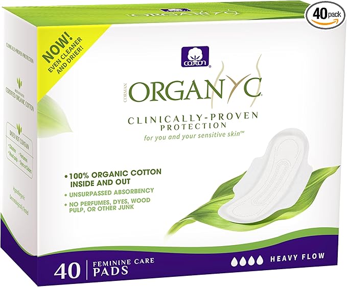 Organyc - 100% Certified Organic Cotton Inside and Out Feminine Pads Sanitary Napkin 40 Count Heavy Flow New Larger Size Packaging