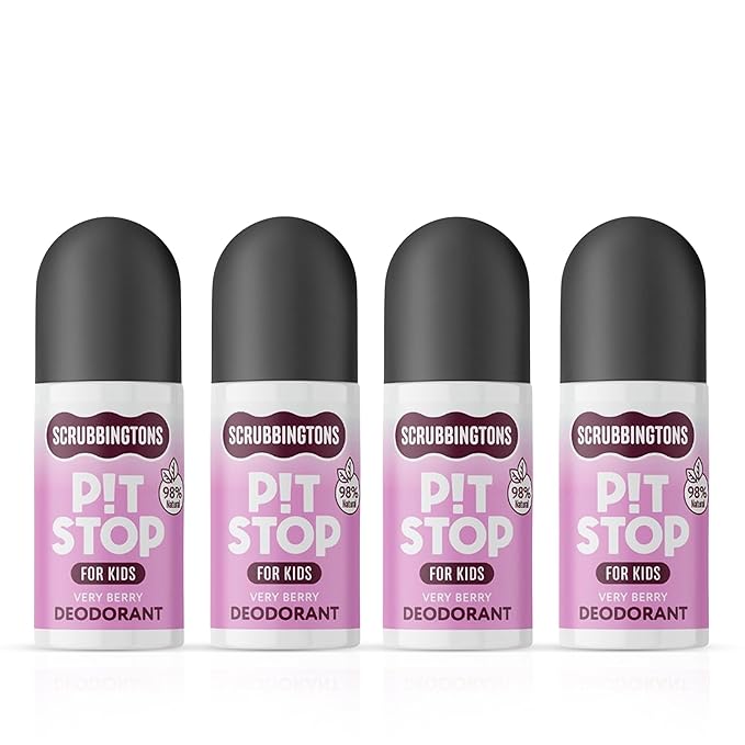 Scrubbingtons Pit Stop Kids Deodorant Natural Roll On For Children Teens. Made in UK 98% Natural Ingredients For Sensitive Skin. Paediatrician approved Aluminium &amp Alcohol Free Very Berry 75ml