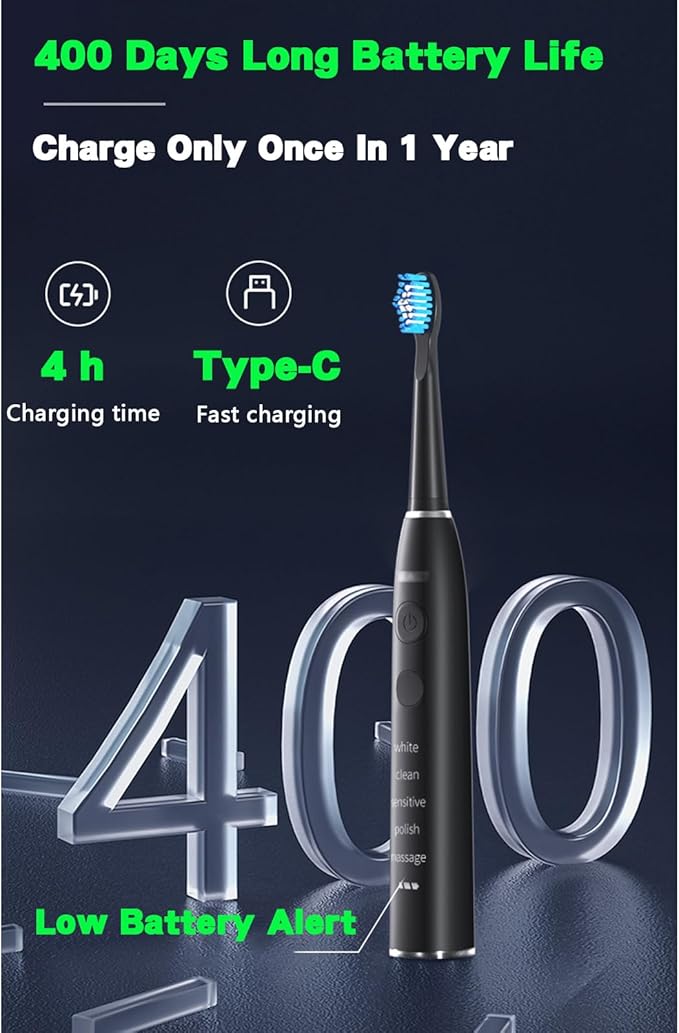 YUHANG Sonic Electric Toothbrush5 Modes400-Day Battery Life2-Minute Timer30s ReminderErgonomic Comfort Grip40000 Vibrations/minIPX7-4 Brush Heads - Travel Box (Blue)