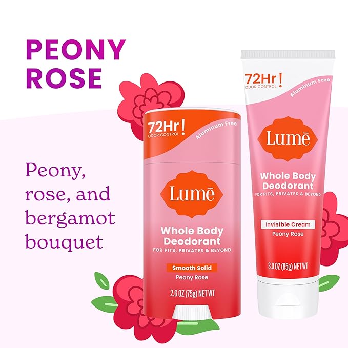Lume Whole Body Deodorant - Invisible Cream and Solid - 72 Hour Odor Control - Aluminum Free Baking Soda Free Skin Safe - 3.0 Ounce Cream and 2.6 Ounce Solid Bundle (Peony Rose)