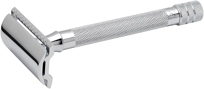 MERKUR 23C Double Edge Safety Razor - Polished Chrome Long Knurled Brass Handle Made in Germany Plastic-Free Three Piece Design Closed Comb Straight Bar