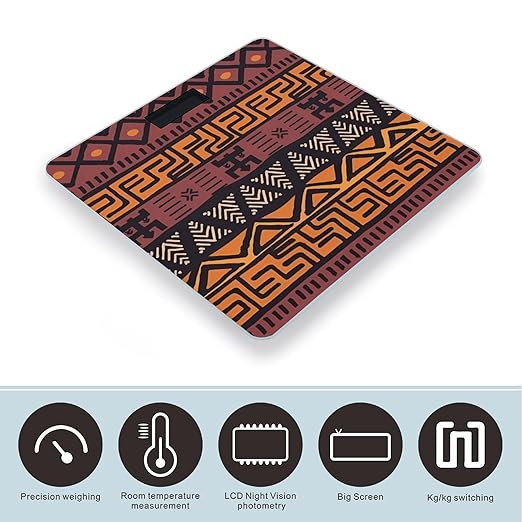 African Mud Cloth Tribal Scale for Body Weight Anti-Slip Sturdy Tempered Glass Weighing Machine Highly Digital Accurate Bright LCD Bathroom Scale for Household Gift