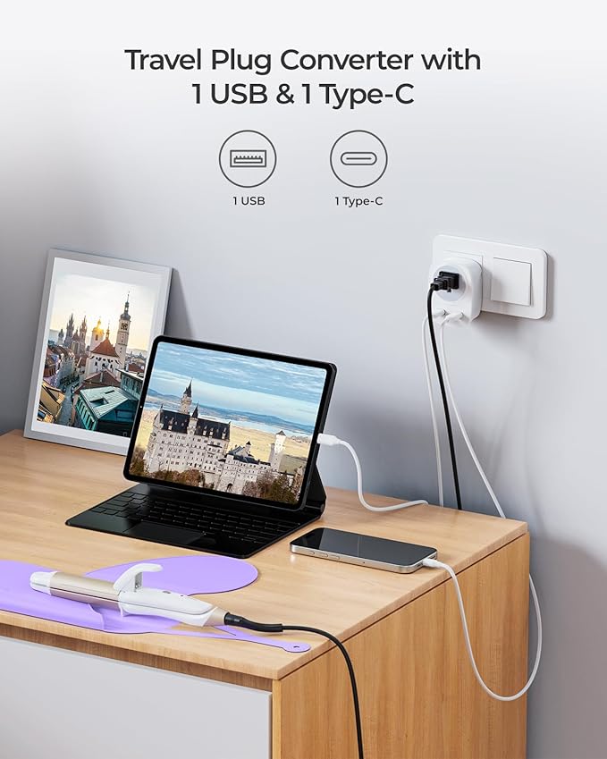 Dual Voltage Purple Travel Curling Iron with European Travel Plug Adapter