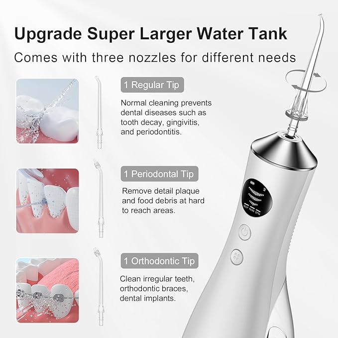 Water Dental Flosser for Teeth Portable Cordless Water Flosser with 300ML Rechargeable with Type-C IPX7 Waterproof Water Flossers for Adults with 3 Intensity Modes and 3 Flossing Tips