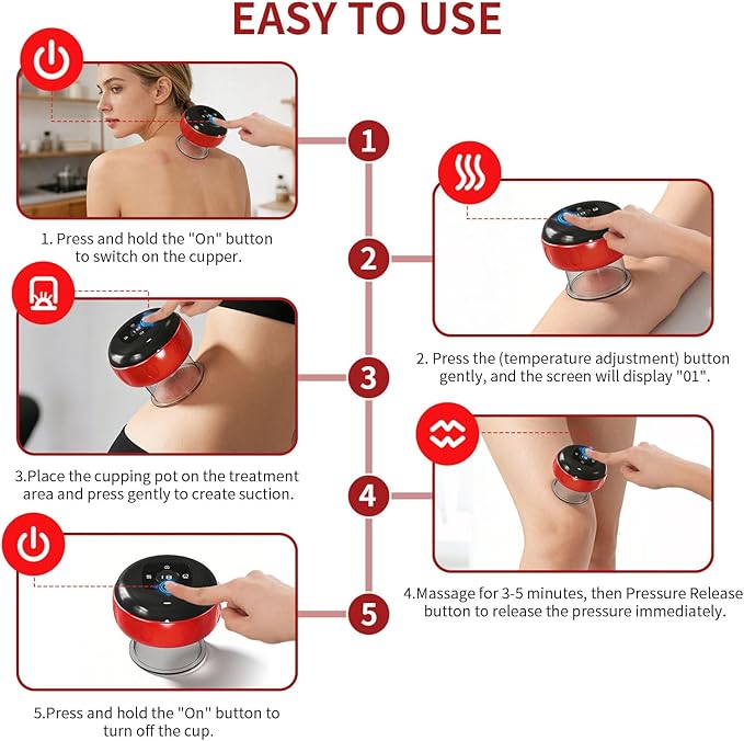 5-in-1 Smart Dynamic Cupping Therapy Massager Set 12 Levels Heat &amp Suction Cupping Kit for Massage Therapy Electric Cupping Device with Red Light Therapy for Back Pain Knots Muscle Soreness (R