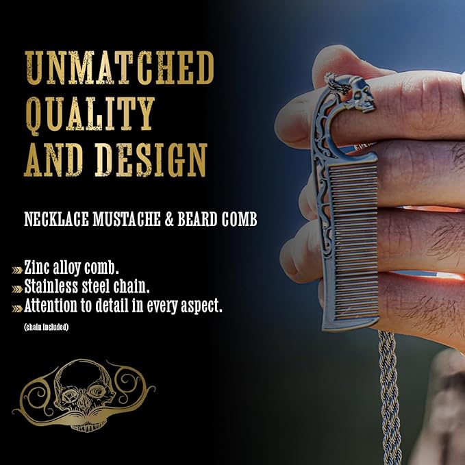 Mustache Wax Medium Hold Bare Bones 1 oz Tin &amp Necklace Death Grip Mustache Comb Mens Combo Kit - Grooming For Men Handlebar Moustache