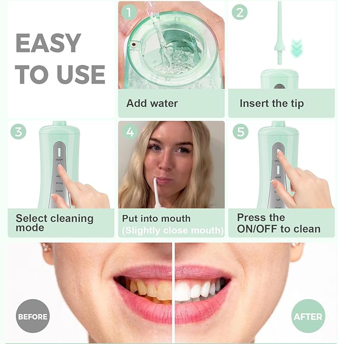 2026 New 350ML Water Flosser with Drainage &amp Storage Stand Keeps Dry &amp Clean 5 Modes 360°Nozzle Cordless Rechargeable IPX7 Waterproof Portable for Home &amp Travel (Green)