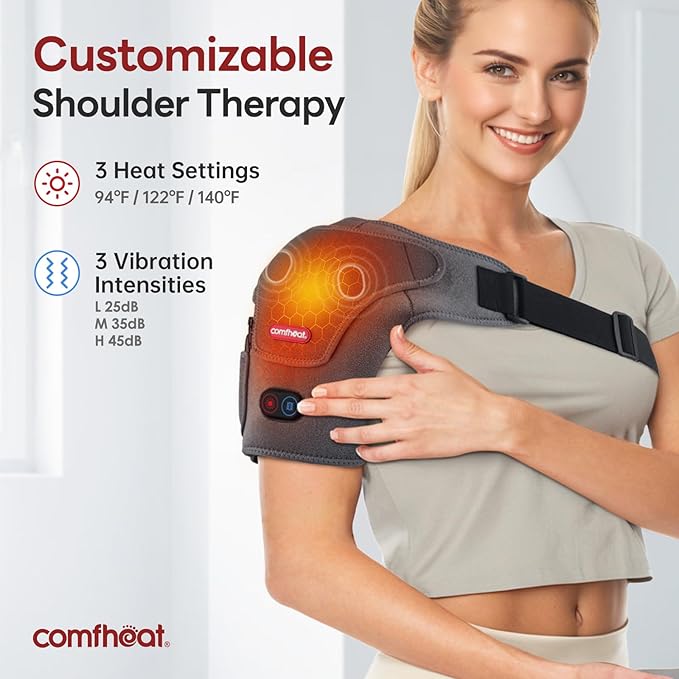 Cordless Shoulder Heating Pad with Vibration Massage for Frozen Shoulder Rotator Cuff Pain Relief 5000mAh Battery Powered Heated Shoulder Brace Wrap 1-3H Hot Compress for Men &amp Women