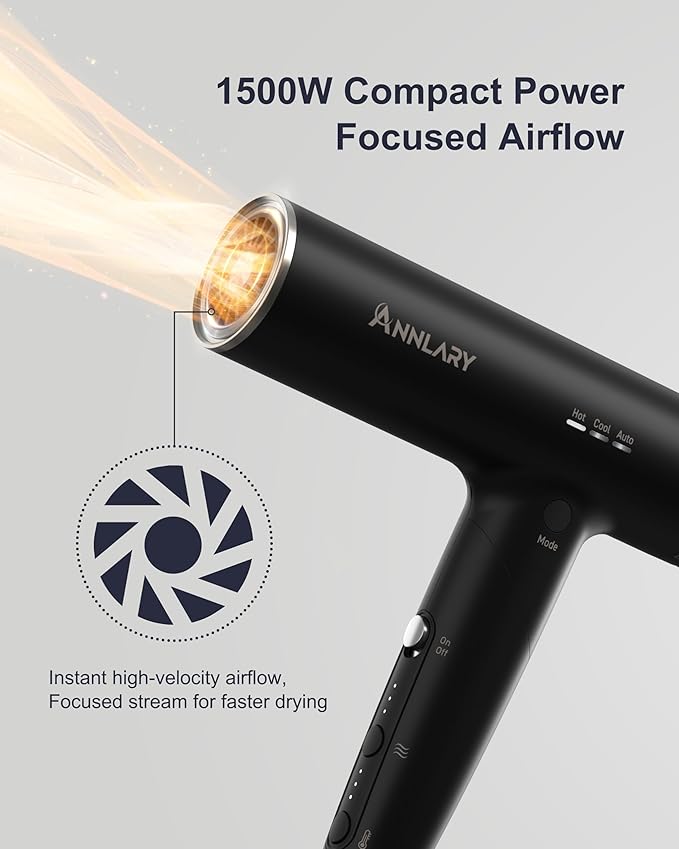 Annlary Hair Dryer Blow Dryer with Diffuser for Curly Hair | Plasma Ionic Hairdryer for Frizz Control | Low Noise | Foldable for Travel | 6.5Ft ALCI Cord | Magnetic Nozzle for Faster Drying