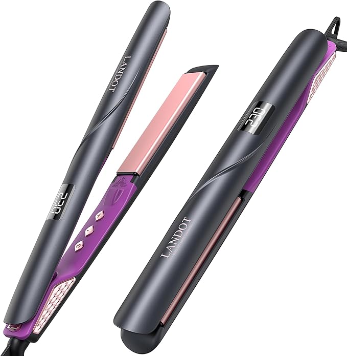 LANDOT Flat Iron Hair Straightener: Ceramic Ionic Straightener for Frizz-Free Shine - Adjustable Temp 250-450F &amp Auto Shut Off + Travel Pouch
