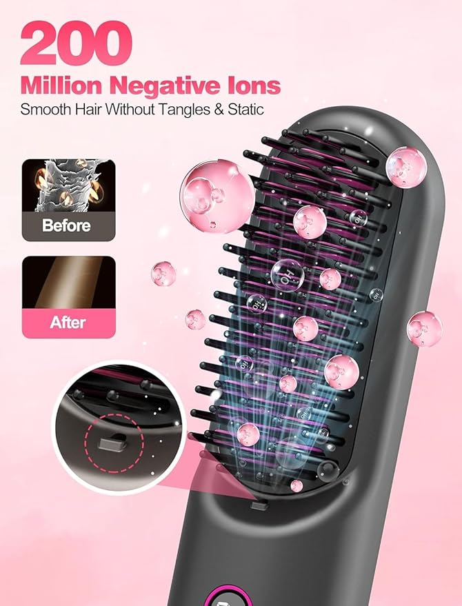 Cordless Hair Straightener Brush for TravelMini Hair Straightener Comb with Negative IonPortable hot Brush Hair Straightener for Women Rechargeable 9600mAh Battery Anti-Scald12 Temp-Setting(Grey)