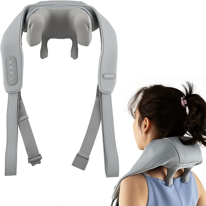 COSTWAY Neck Shoulder Massager with Heat 4D Deep Tissue Kneading Shiatsu Machine for Pain Relief Portable Cordless Neck Back Leg Massager Pillow Gift for Mom Dad Family Women Men (Grey)
