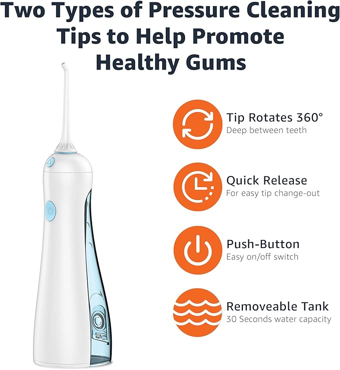 Amazon Basics HydroClean Portable Cordless Water Flosser for Teeth and Gums 2 Pressure Tips Removable Tank 30 Seconds Water Capacity 2 AA Batteries Included