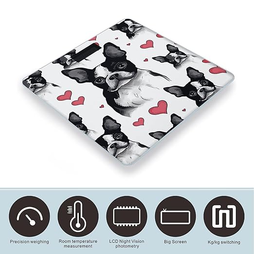 Boston Terrier Red Heart Dog Weight Scale Large Bathroom Scales Digital Weight with Bright LED Display Non Slip Automatic Weighing Scale Fashion Weighing Machine for Body