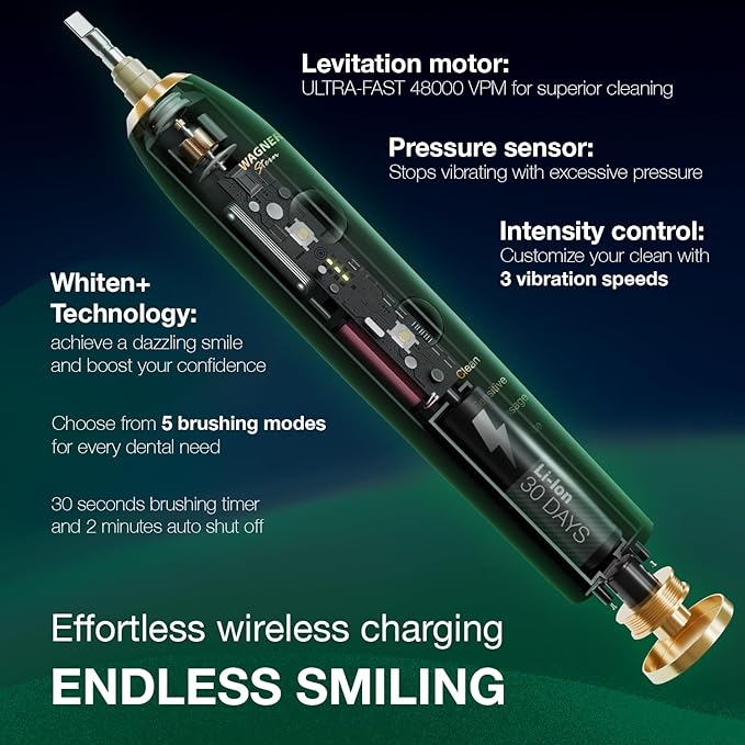 Wagner Stern WHITEN+ Edition. Whitening Electric Toothbrush with Pressure Sensor. Offers 5 Brushing Modes 3 intensities 8 Soft Brush Heads and a Luxury Travel case.