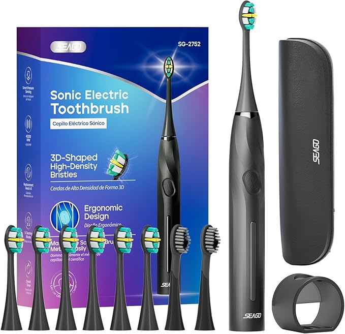 SEAGO Electric Toothbrush with 8 Soft Bristle Heads for Adults Pressure Sensor 5 Modes with 2 Minutes Build in Smart Timer Rechargeable Travel Toothbrush with Brush Hold and Travel Case(2752Black)