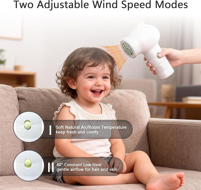 NUFR Cordless Hair Dryer for Kids Portable Low Heat Gentle Airflow Handheld Cute Mini Blow Dryer with Charging Base for Hair Body Delicate Skin USB Rechargeable Small Home Travel Hair Dryer