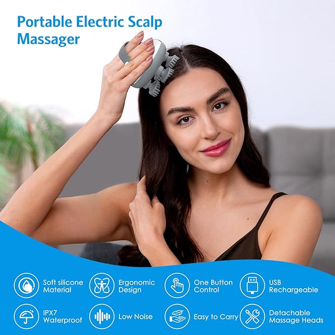 AMIR Upgraded Electric Scalp Massager Portable Head Massager 100 Massage Nodes Rechargeable Hair Massager Head Scratcher Head Massager Scalp for Stress Relax Deep Clean