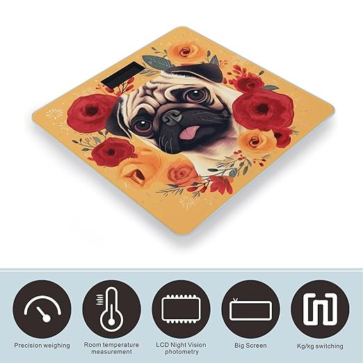 Pug Flower Digital Bathroom Scale for Body Weight Weighing Scale with Backlit LCD Display High Precision Measurements &amp Measures Weight Up to 180kg