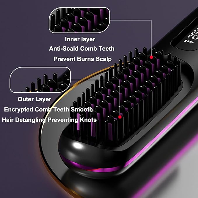 Cordless Hair Straightener Brush Portable Mini Hair Straightening with 3 Temperature Settings &amp Led Display Usb Rechargeable Fast Heating Hairs for Travel(Purple)