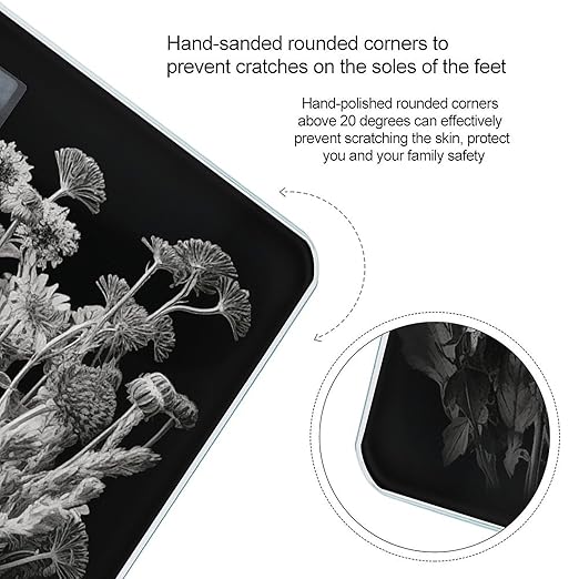 Black and White Flowers Weight ScaleClear LED Display Bathroom Digital Weighing ScaleTempered Glass Digital Bathroom Scale for Body Weight Capacity Up to 400 Lbs