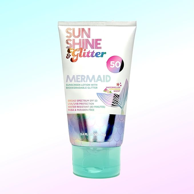 NEW! SUNSHINE &amp Glitter- Seastar Sparkle - Mermaid Watermelon Lemonade Scented Sunscreen lotion - SPF 50 - Biodegradable Glitter Sunscreen Water Resistant Cruelty Free Kid Safe Made in USA 3.