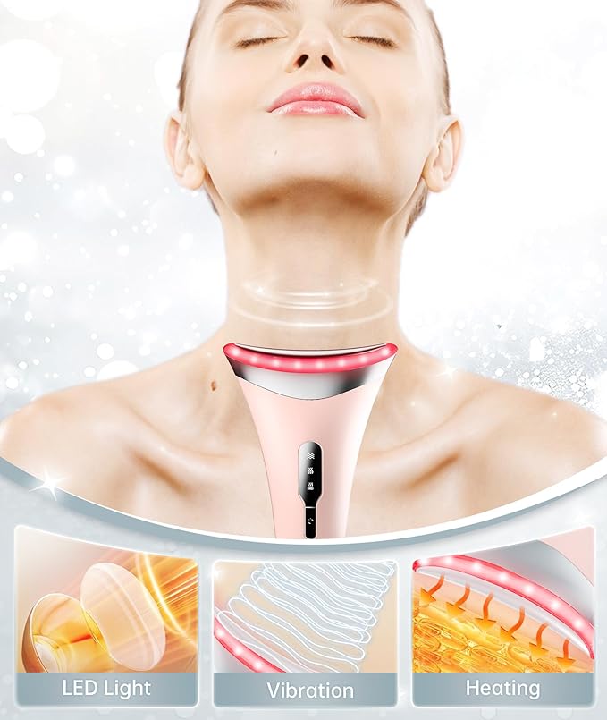 7 Color Light Therapy Facial Massager with Adjustable Vibration and Thermals for Wrinkles Double Chin Red Light Skin Care Tool with Base Pink