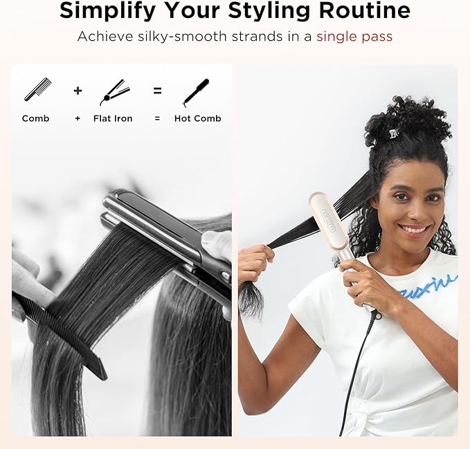 Prizm Hair Straightener Brush 20s Fast Heating Negative Ions Hair Straightening Comb with Less Frizz 4 Temp Settings &amp LED Display Anti-Scald Design for Home Salon Dual Voltage Champagne Sil