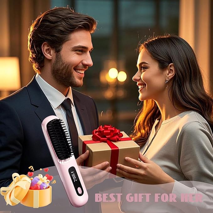 Cordless Hair Straightener Brush 7.8 Mini Hair Straightener with LCD Temperature Display Portable Hair Straightener Comb for Travel Negative Ionic Brush Straighteners for Women (Pink)